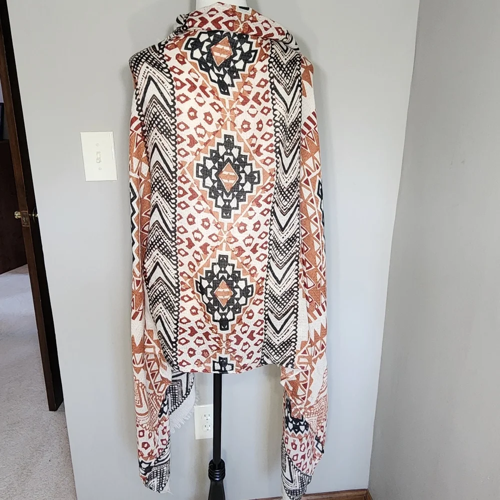 Long rectangle scarf with fringe Geometric cream burgundy burnt orange black